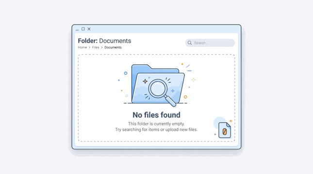 A computer screen displays a file explorer window showing no files found.
