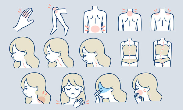 身体の痛み・不調アイコンセット｜肩こり・腰痛・ストレートネック・骨盤の歪みの健康ベクター素材