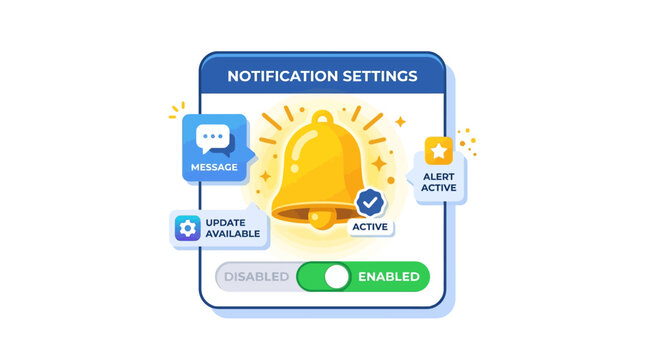 A notification settings screen displays an active alert icon with various options enabled on a digital interface.