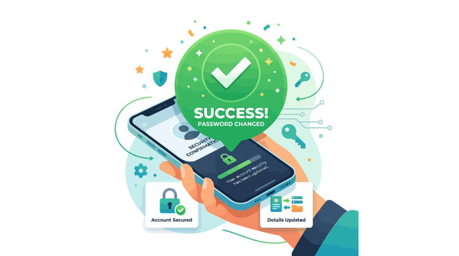A person successfully authenticates on a mobile device with security icons and a green checkmark.