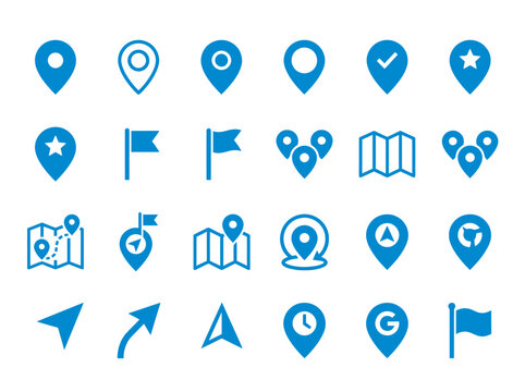 Blue Vector Map Icon Collection with Markers Flags Folded Maps and Compass Arrows for Interface Design