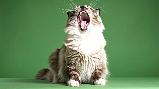 Yawning Fluffy Cat on Green Screen Background in 4K