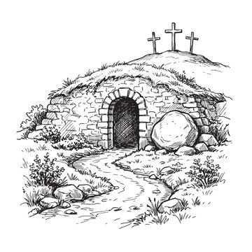 Hand Drawn Sketch of Jesus Christ Empty Tomb with Three Crosses on Calvary Hill Background Representing Resurrection and Easter Sunday