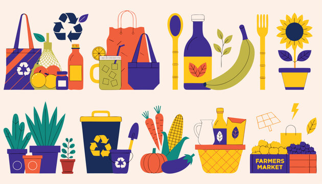 Vibrant illustration of eco-friendly daily life with reusable items and fresh produce on a table
