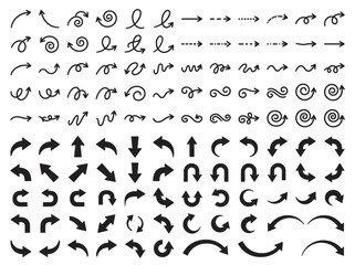 Obraz premium Hand-Drawn Doodle Arrows Collection Set Featuring Black Ink Sketches of Curled Swirls and Directional Pointers for Graphic Design