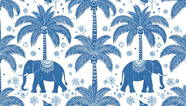 A seamless blue and white tropical pattern with stylized palm trees, elephants, and scattered floral elements