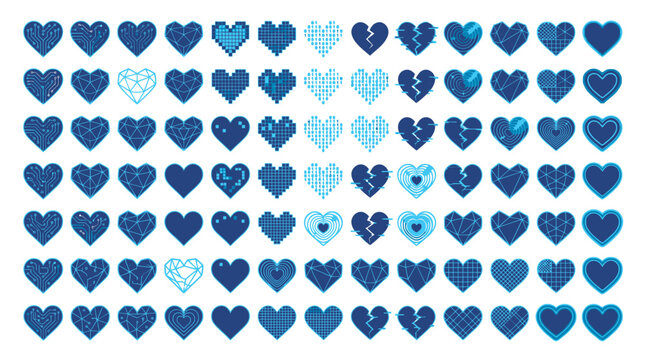 High-Tech Blue Heart Icon Set Featuring Digital Circuitry Data Binary Code Geometric Nets and Futuristic Cyberpunk Network Patterns