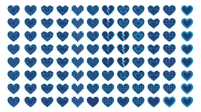 Advanced Digital Heart Icons in Blue Tones Showing Circuitry Connections Binary Data Streams Grid Networks and Minimalist Neon Styles