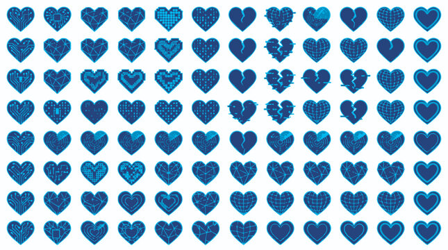 Futuristic Blue Heart Icon Collection with Integrated Microchip Circuits Data Visualization Mesh Grids Digital Glitch and Binary Patterns