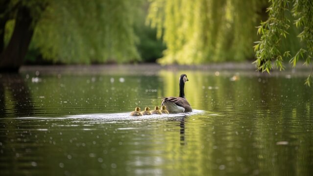 Animal - Canada Goose Mother Swimming with Fluffy Goslings on Calm Green Willow Pond in Spring