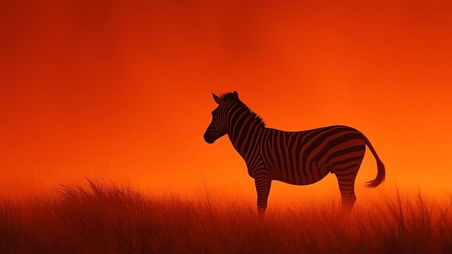 Zebra Silhouette Standing in Orange Sunset Mist
