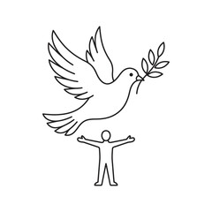Fototapeta premium Linear vector illustration of a person with open arms and a dove of peace carrying an olive branch symbolizing freedom, hope, and peace.