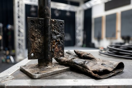 Studio lighting barn door hinge with baked-on dust and gel crust