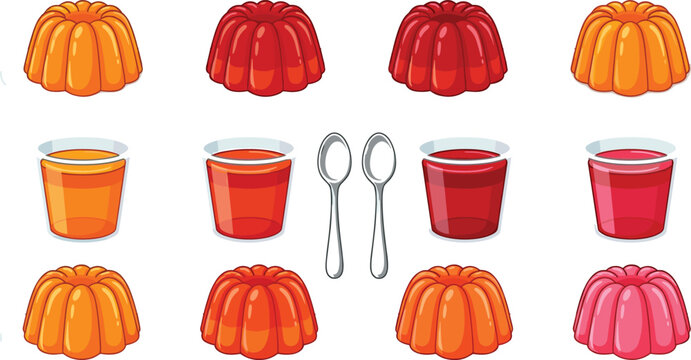 Comprehensive Set of Colorful Fruit Jelly Desserts Featuring Various Molded Gelatin Puddings and Cups with Spoons for Sweet Snack Menus and Kids Party Designs