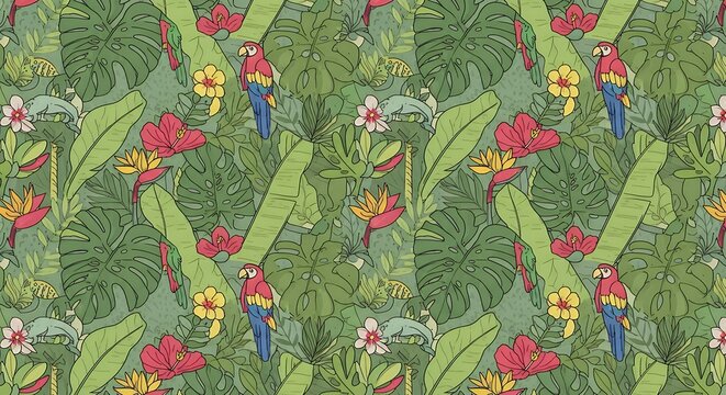 Tropical jungle pattern with colorful parrots and flowers