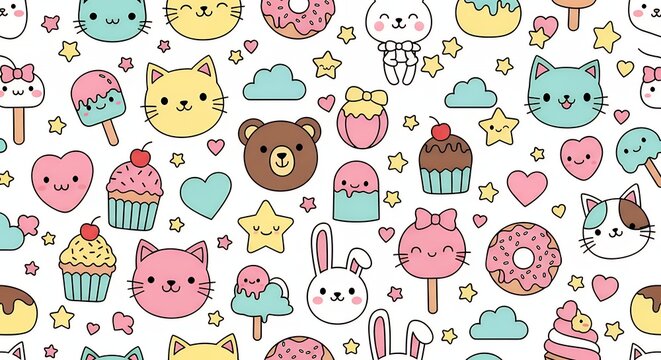 Cute cartoon animals and desserts pattern
