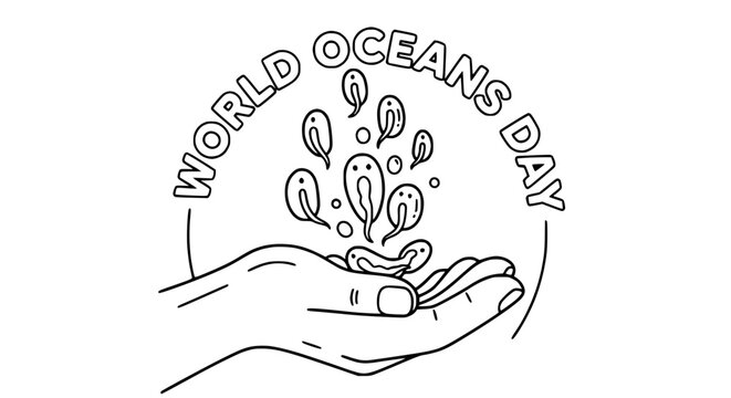 World Oceans Day Hand Holding Marine Life Illustration