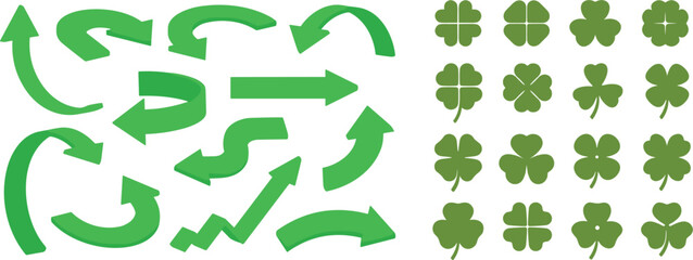 "Set of 16 Green Arrow and Clover Icons Featuring Directional Arrows and Lucky Symbols in Flat Style" © MDEsmayil