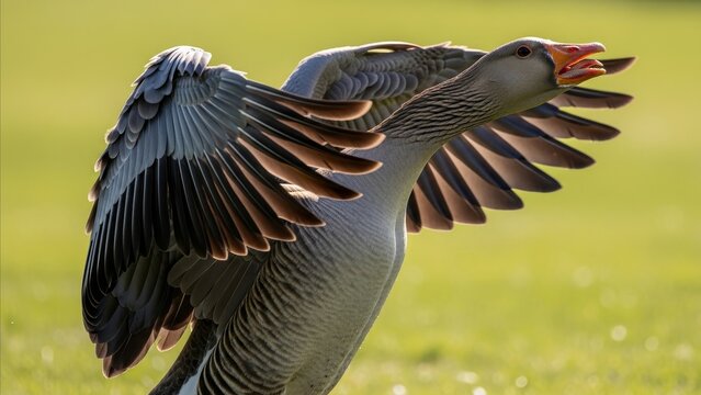 Animal - Greylag Goose Spreading Wings Open Beak Calling on Green Grass Meadow in Bright Sunlight