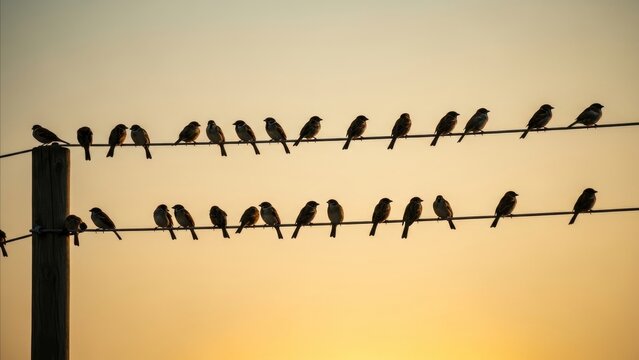 Animal - Large Flock of Sparrows Perched on Two Parallel Power Lines at Golden Sunset Dusk