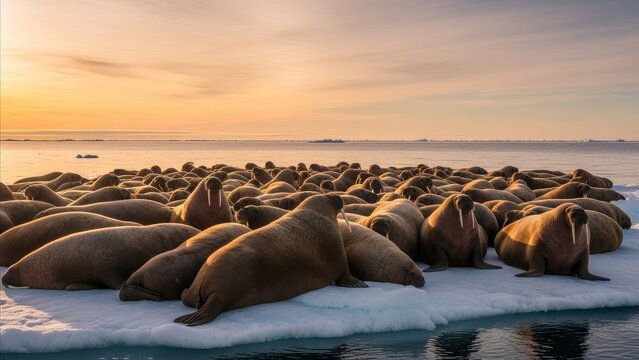Animal - Large Herd of Walruses Resting on Arctic Ice Floe at Golden Sunset Over Calm Ocean