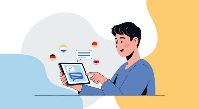 Man learning languages on tablet, communication concept