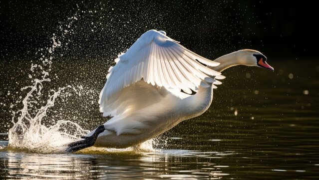 Animal - Mute Swan Taking Off From Lake Surface With Dramatic Water Splash and Spread Wings in Backlight