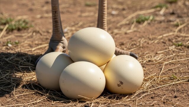 Animal - Ostrich Eggs Clustered in Sandy Nest with Large Bird Legs Standing Close Behind