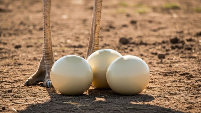 Animal - Three Large Ostrich Eggs Resting on Dry Sandy Ground Between the Legs of an Ostrich