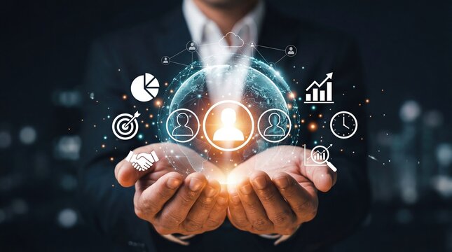 Businessman hands holding glowing digital globe with holographic icons representing global networking data analytics growth strategy cloud computing and futuristic technology