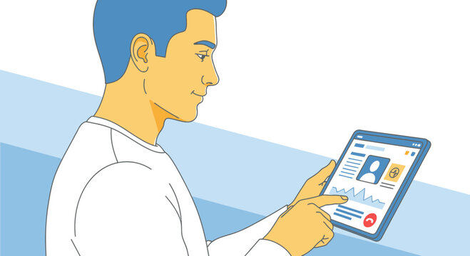 Man using digital tablet for communication and data analysis