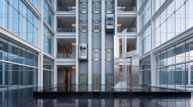 Modern glass atrium with elevators in contemporary office building spacious lobby interior corporate architecture minimalist design empty hallway business center urban structure