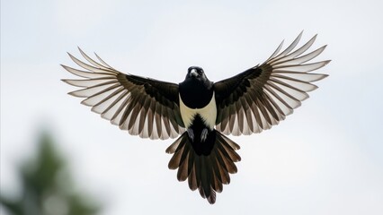 Fototapeta premium Animal - Australian Magpie in Full Flight with Wings Spread Wide Against Overcast Sky Front View