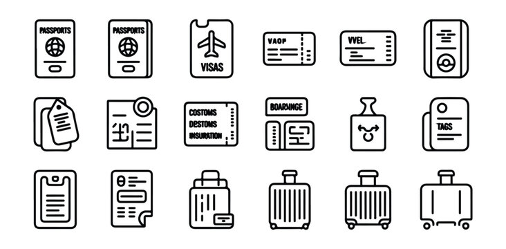 Travel documents and luggage vector line icons collection.