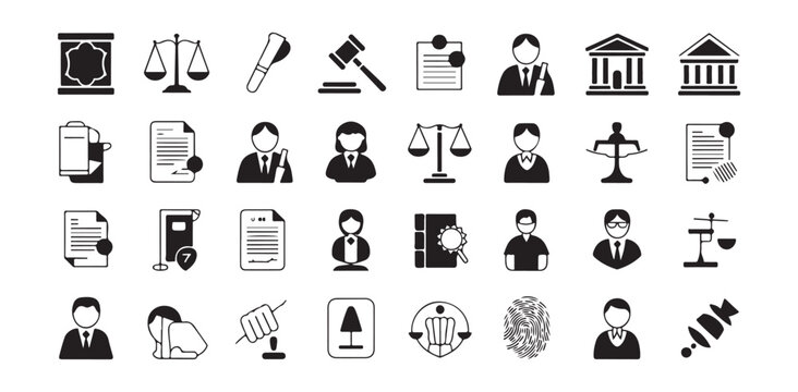 Legal justice and law icons for courthouse and legal professions.