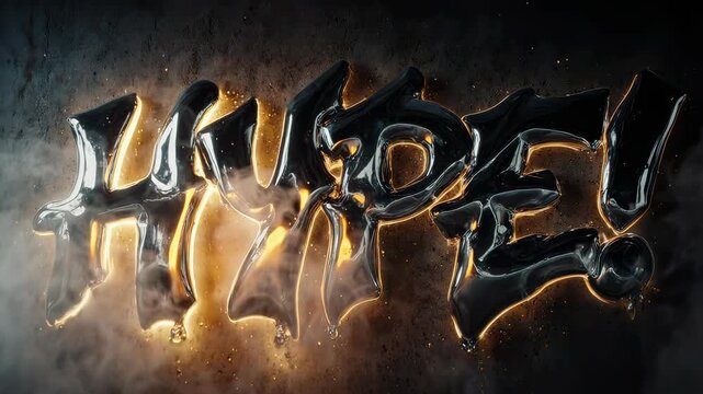3D Hype text with liquid metal effect and glowing golden light