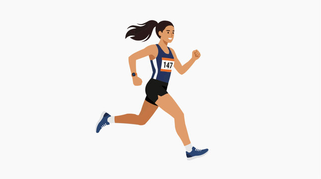 Female runner with bib number 147 running a race wearing athletic clothing and a smartwatch