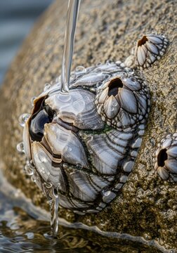 Macro Shot of Sea Barnacles on a Rock with a Stream of Clear Water Pou