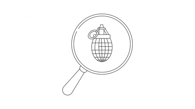 Magnifying glass over a hand grenade icon symbolizing investigation and danger.