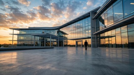Modern glass corporate office building exterior at golden hour sunset with lone businessman walking on concrete plaza reflecting sky and clouds architecture business urban