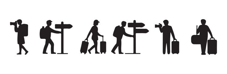 Tourist figures with cameras and luggage near signpost icons. © MdJahid