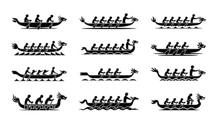 Dragon boat vector illustrations bundle featuring various rowing styles and water patterns on white background © Shovon