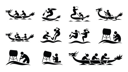 Vector illustration bundle featuring dragon boat racing silhouettes with team paddling competitive rowing and dynamic water movements © Shovon