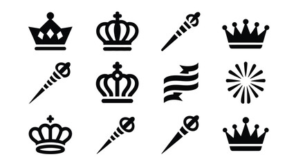 Black vector illustration of crowns and magic wands on white background for royalty and fantasy themes © Shovon