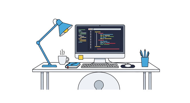 Software Developer Workspace Illustration with Computer Coding Screen, Desk Lamp, and Coffee Cup