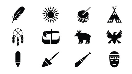 Collection of 12 minimalist logo silhouettes featuring various cultural and nature symbols on white background © Shovon
