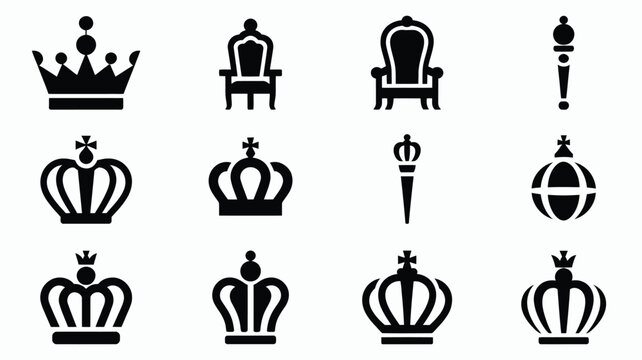 Collection of royal crowns and throne icons in black silhouette on white background for luxury branding