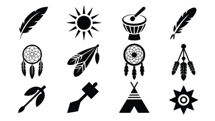 Native american tribal symbols and icons including feathers dreamcatchers and teepees in black silhouette on white background © Shovon