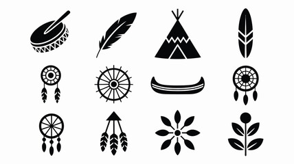 Vector illustration of native american dreamcatcher icons and tribal symbols on white background © Shovon