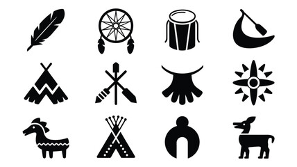 Collection of 12 minimalist native american logos and silhouettes including feathers teepees and animals on white background © Shovon